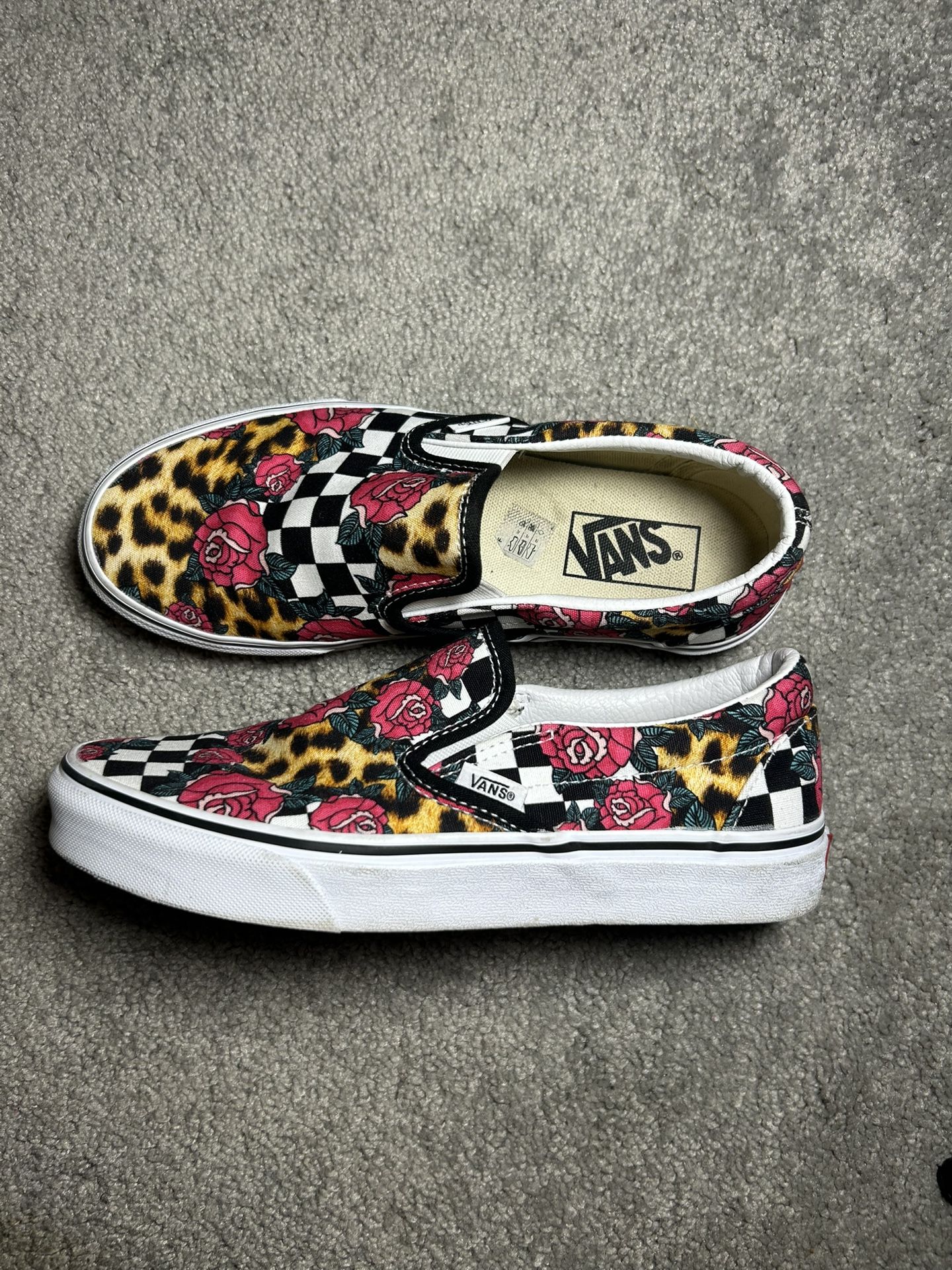 🌹 Vans Classic Slip‑On – “Rose × Leopard × Checkerboard” (Women’s 7.5 / Men’s 6)