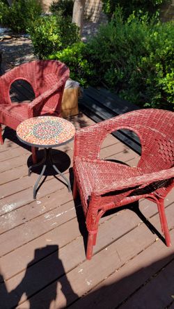2 Rattan  chairs + colorful mosaic  table