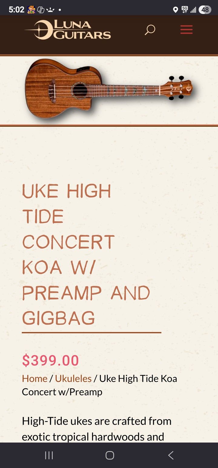 Luna Concert Size UKELELE with Preamps KOA WOOD