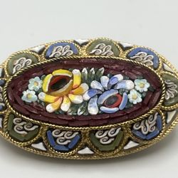 Vintage Italian Floral Micro Mosiac Pin/Brooch- Marked Italy- 1 5/8" x 1 1/8"