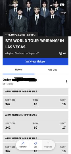 BTS Concert Tickets 5/28/26 Las Vegas