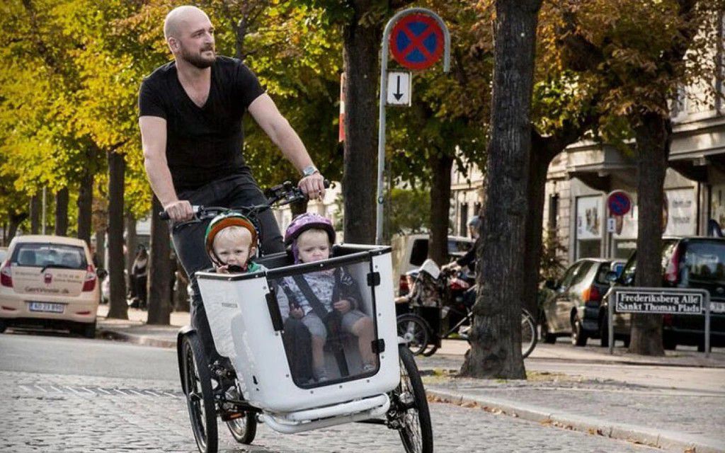 New Denmark's family/cargo bike, 2 child seat belts and front door.