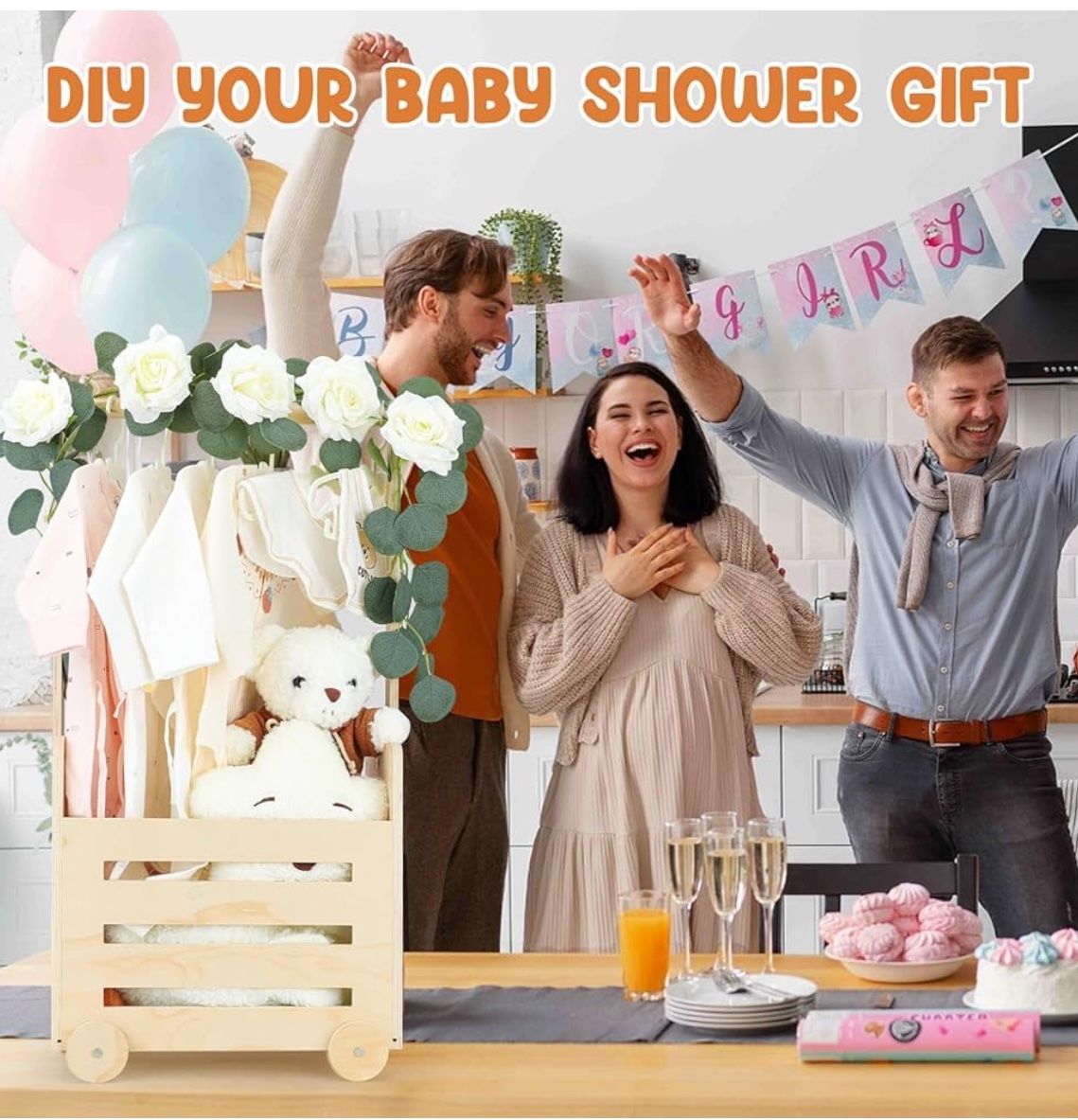 (200058) Wooden Baby Shower Crate Closet with Wheels & Higher Handle, Pushable Baby Shower Gifts Baby Basket, Wooden Crate for Storage, Personalized B