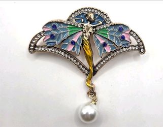 Art Nouveau Style Fairy Enamel Brooch with Pearl Drop