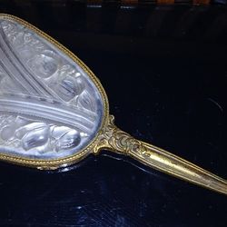 Gilded Copper Art Nouveau LALIQUE Style Frosted Glass Hand Mirror Antique Make Up Vanity Boudoir Bedroom Bathroom