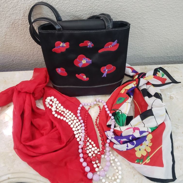 Vintage Red Hat Society Black Purse Plus Two Vintage Scarves & Four ...