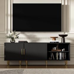 Modern TV Stand for 55/60/65 inch TV, Small Entertainment Center with Adjustable Shelf, Gold Legs for Living Room, Bedroom, Black