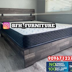 Queen Atticus Rustic Butcher Block Platform Bed w. Orthopedic Mattress Included 