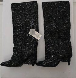Black Sequin Knee High Boots Size 6.5. Near CRAIG AND CLAYTON