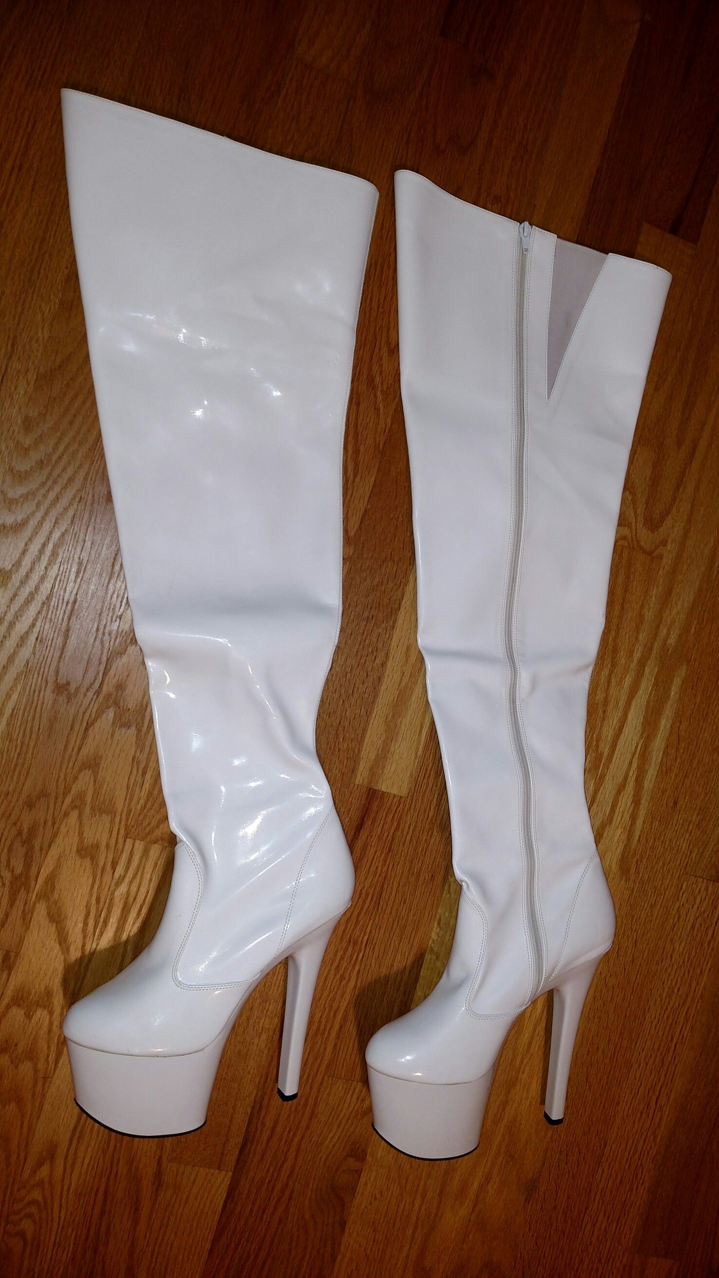 Pleaser White Faux patent thigh high boots