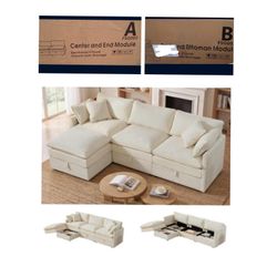 New In Box Modular Sectional Deep Seat Cloud L Shaped Sofa Couch With Storage Seats & Chaise Ottoman 