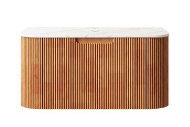 30 inch Wall Mounted Cabinet with Carrara White Countertop and Drawer, Natural Wood