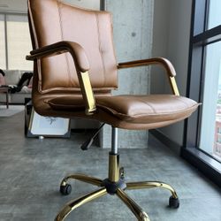 Office Chair Faux Brown Leather Gold Hardware