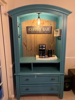 Teal Painted Armoire Coffee Bar Cabinet