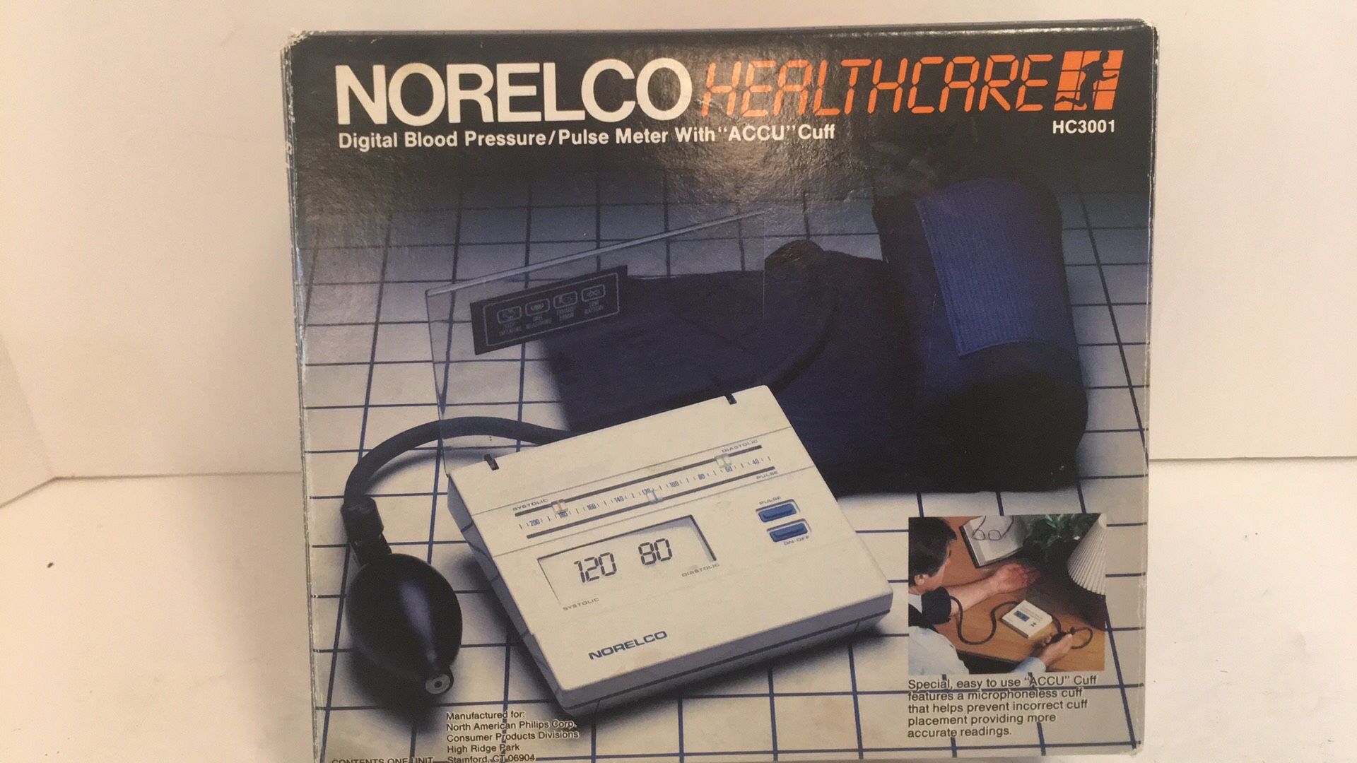 Norelco Healthcare Digital Blood Pressure/Pulse Meter w/ “ACCU” Cuff tested and works. Four AA Batteries included