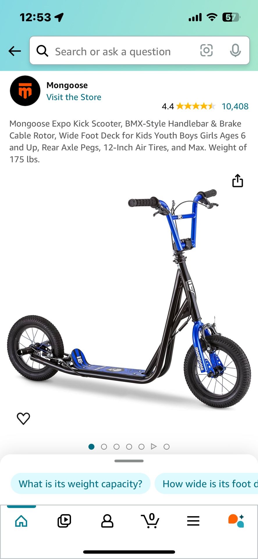 Mongoose Expo Kick Scooter, BMX-Style Handlebar & Brake Cable Rotor, Wide Foot Deck for Kids Youth Boys Girls Ages 6 and Up, Rear Axle Pegs, 12-Inch A