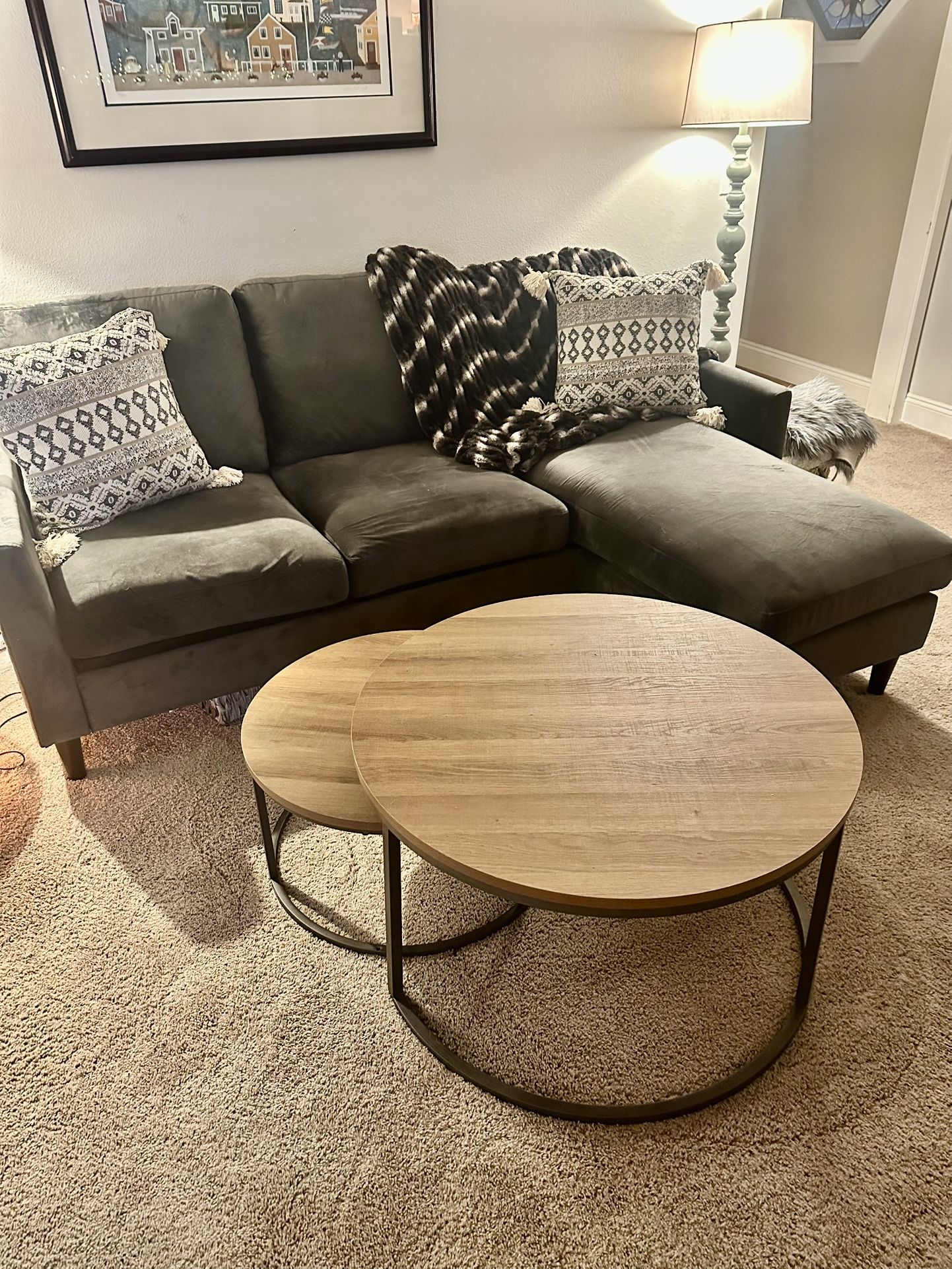 Dark Grey Couch Sofa And Round Coffee Tables For Sale