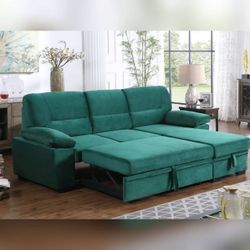 Pull out sofa bed 97.5"W Green Velvet Fabric Reversible Sleeper Sectional Sofa Chaise couch