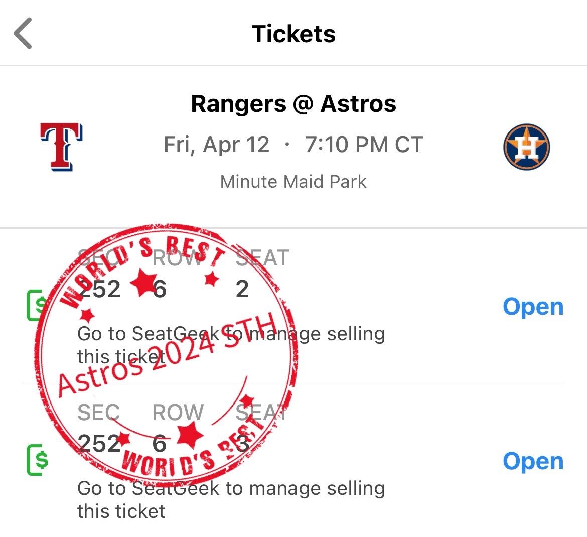 Astros vs Rangers 1st Home Game 4/12 7:10pm Section 252 Row 6 Seat 2-3, STH early entry, Jose Altuve Jersey Giveaway