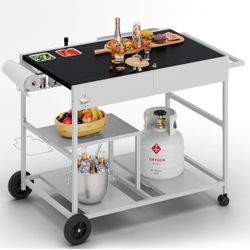 24.6"x37.6" Pizza Oven Cart Table with Topping Station and Wheels, Outdoor Tabletop Grill Table Stand, Movable Food Prep Workcart Fits for Ninja Black