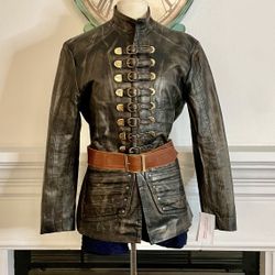 Women's Leather Military Jacket with Brown Accents