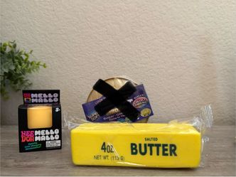 needoh mellow mallow, 4 oz butter squish, and squishy dumpling (not real brand)