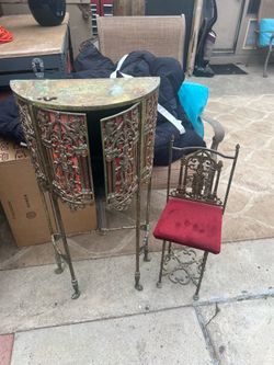 Antique Oscar Bach Style Figural Bronze & Wrought Iron Telephone Cabinet Stand & Chair