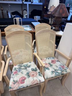 Set of 6 Cane Back Dining Chairs with Floral Seats