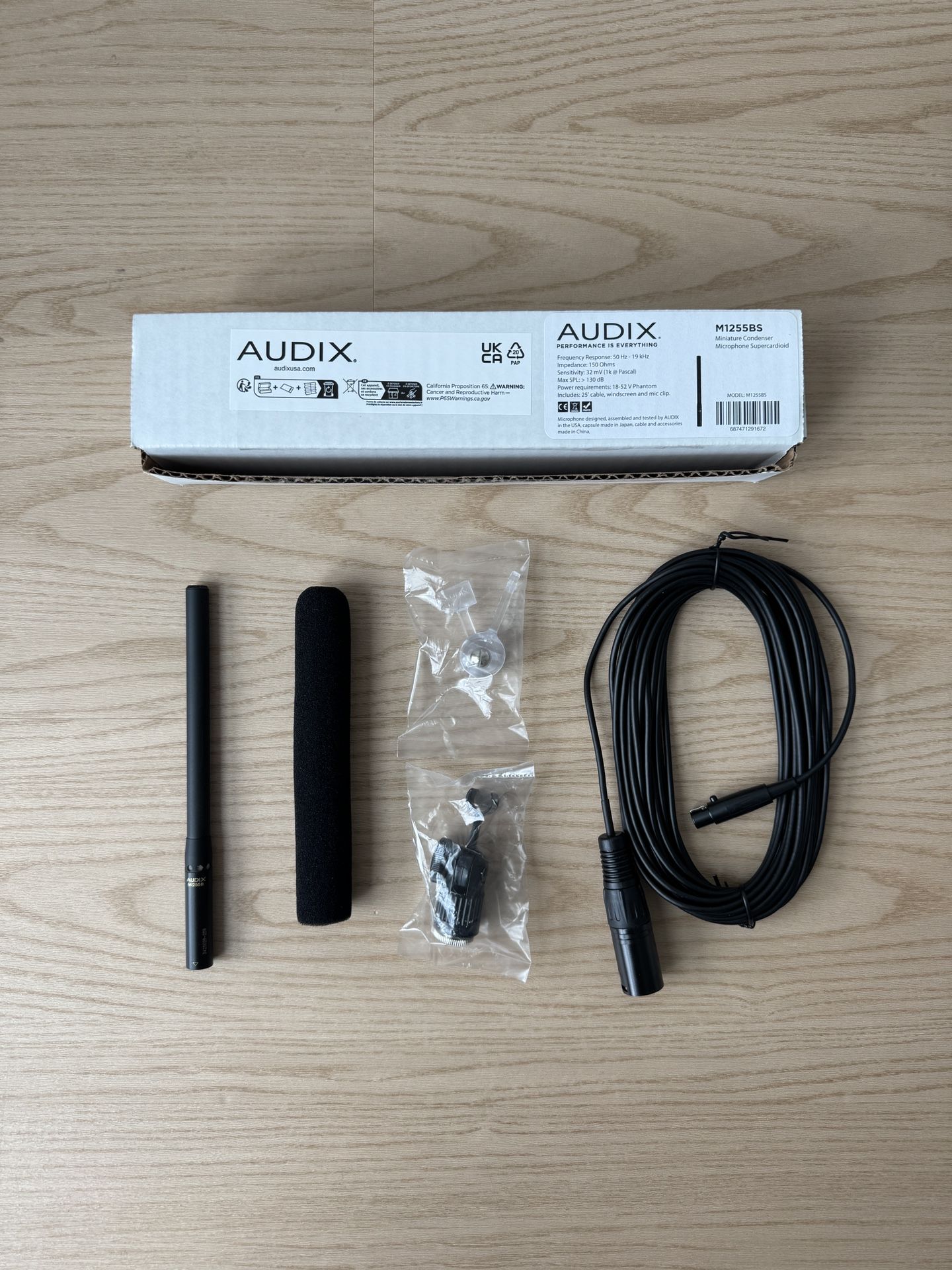 Shotgun Mic Audix M1255B-S Miniature Condenser Microphone with 25' Cable (Supercardioid, Black)