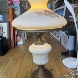 Vintage Hurricane Table Lamp Floral Design White Milk Glass 