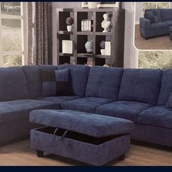 Blue Linen  Sectional Couch And Ottoman
