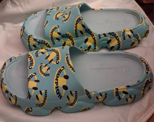 Champion Men's Meloso Squish Smile Slides – Aqua Blue / Yellow Smiley Face