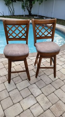 Pair Of 2 Swivel Dining Bar Chairs Wood Finished Frame And Upholstered Seat