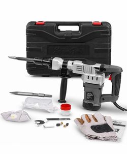 XtremepowerUS 1400W Electric Demolition Jack Hammer, 3900 BPM Heavy Duty Concrete Breaker with Point & Flat Chisel Bits, Adjustable Handle, Carrying C