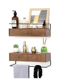 Floating Shelves for Wall Storage, Wall Mounted Bathroom Shelf with Drawers Set of 2, Rustic Wood Floating Drawers for Living Room, Kitchen, Home Deco