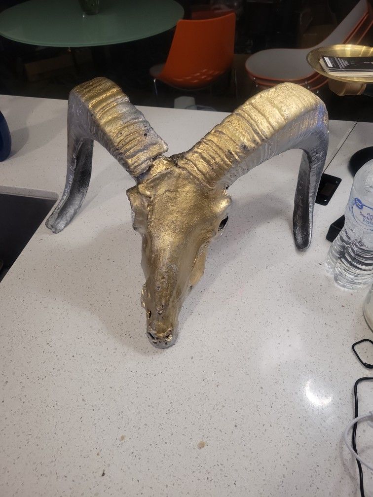 Authentic Long Horned Sheep Skull Painted Gold And Silver