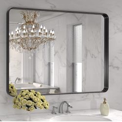 40X30 Inch Black Metal Framed Bathroom Mirror for Wall, Matte Black Bathroom Vanity Mirror Farmhouse, Large Rounded Rectangle Mirror, Anti-Rust,
