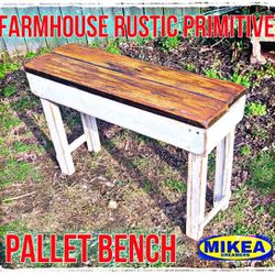 FARMHOUSE RUSTIC PRIMITIVE WOODEN PALLET BENCH GARDEN BENCH ENTRYWAY BENCH SHABBY CHIC '  DISTRESSED 