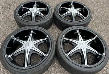 20” 5-LUG CHRYSLER FORD CHEVY 5X115 5X120 BLACK MACHINED RIMS WHEELS TIRES SET DODGE