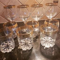 Gold Rimmed Glasses Stemless and Stemware Decorative Crystal Glasses with Gold Rim Vintage Antique 