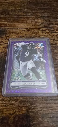 ZION YOUNG 2026 BOWMAN CHROME NFL PURPLE X-FRACTOR ROOKIE RC 9/75 RAVENS - jersey matched
