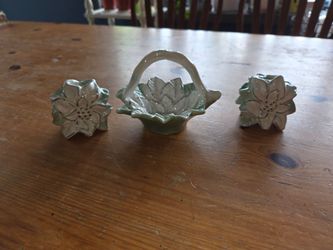 3 piece Floral salt and pepper set with decorative Porcelain basket