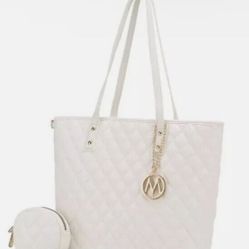 MFK White Quilted Look Tote & Change Purse Gold Accents