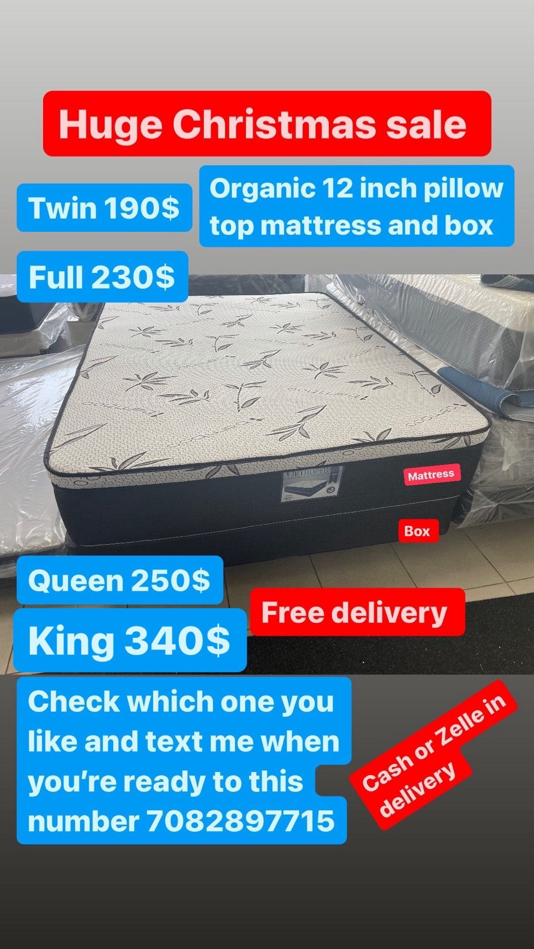 Huge sale for Mattress And Box Twin size #mattress and box 150.$ full 190$ Queen 200$ king 290$. free delivery free set up 708….289…7715… cash or Zell