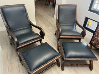 Blue Leather Chairs with Foot Stool