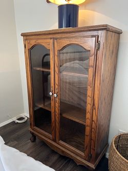 Oak Wood Display Cabinet with Glass Doors