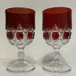 2 Ruby Red Painted Glass Goblets Water Wine Clear Stemmed