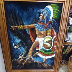 Aztec Warrior Painted On Black Velvet, Great Detail