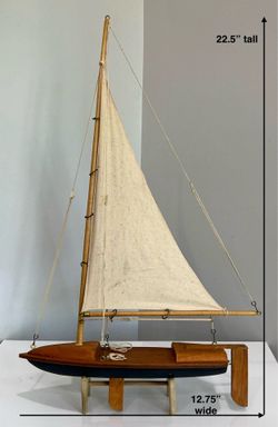Dark Blue & Natural Wood Sailboat with Canvas Sail on a Hand Crafted Wood Stand