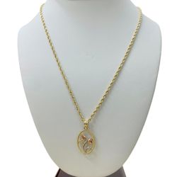 20” 14K Rope Chain With 14K Rose Pendant 
